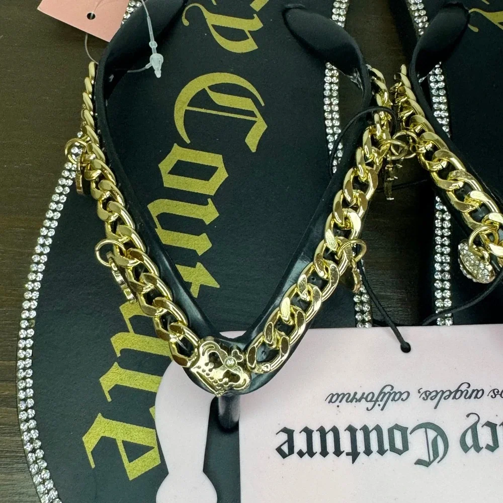 Juicy Couture JC-Solja Flip Flop Sandal Gold Chain Charm Rhinestone Black 8 New
